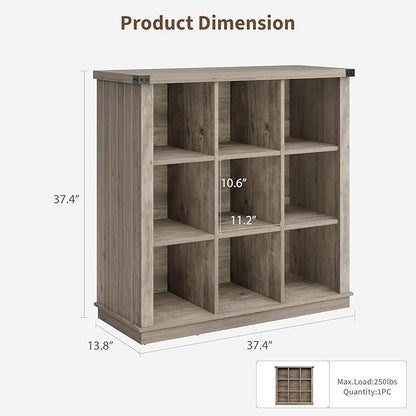 GarveeHome 9 Cube Storage Organizer Bookshelf, 4 Tier Farmhouse Horizontal Bookcase, 37.4 Inch Wood Storage Bookcase for Entryway, Long Low Bookshelves for Living Room-Grey