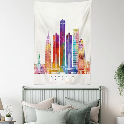 Ambesonne Detroit Tapestry, Vibrant Colored Abstract Skyscrapers Modern Architecture Watercolor Style Landmarks, Fabric Wall Hanging Decor for Bedroom Living Room Dorm, 23" X 28", Ivory