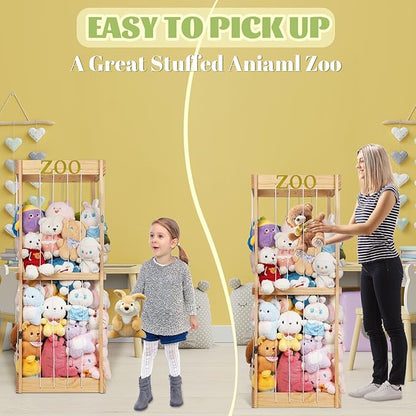 Trycooling Stuffed Animal Zoo Stuffed Animal Storage Wood Plushie Storage Stuffed Animals Zoo Storage Cage with Zoo Pattern Elastic Band for Nursery Play Room Bedroom (Wood)