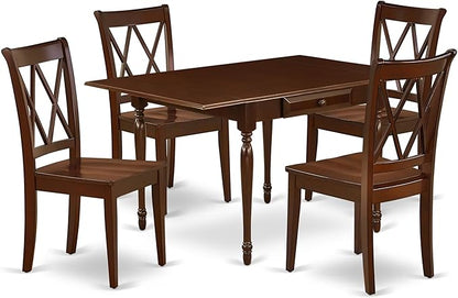 East West Furniture MZCL5-MAH-W 5 Piece Dining Room Table Set Includes a Rectangle Dining Table with Dropleaf and 4 Wood Seat Chairs, 36x54 Inch, Mahogany