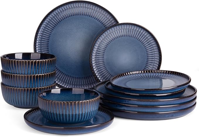 Famiware Starlight Plates and Bowls Dishes Set of 4 (12 Pieces), Ribbed Textured Stoneware Dinnerware Sets- Dishwasher & Microwave Safe, Chip & Scratch Resistant, Starry Blue