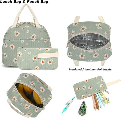 Corduroy Girls Backpack Set, 3PCS School Backpacks for Kids Elementary Middle School Bags with Lunch Box Pencil Case (Green Corduroy Daisy)