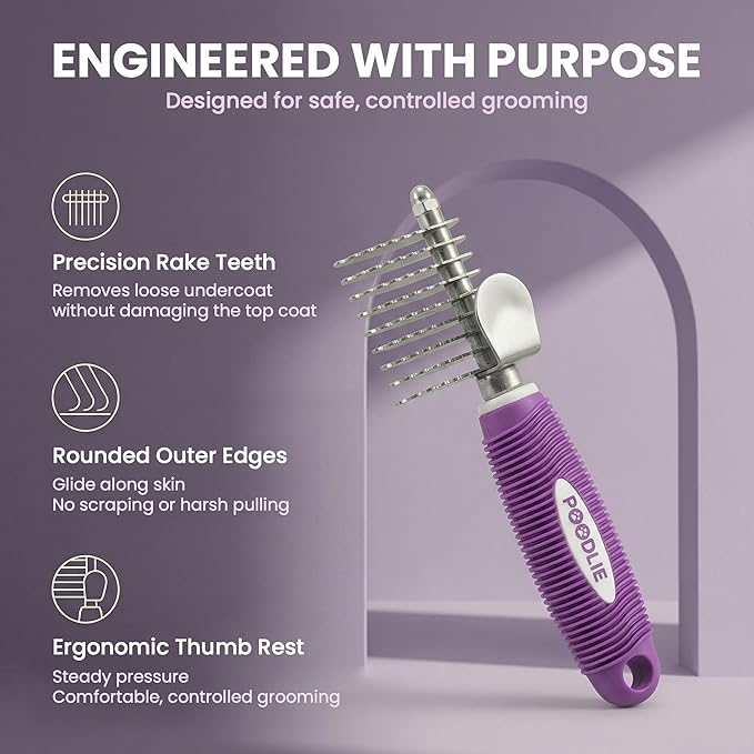 Poodle Dematting Fur Rake Comb Brush for Dogs and Cats - Long 2.5" Steel Safety Blades Metal Comb for Detangling Matted or Knotted Undercoat Hair