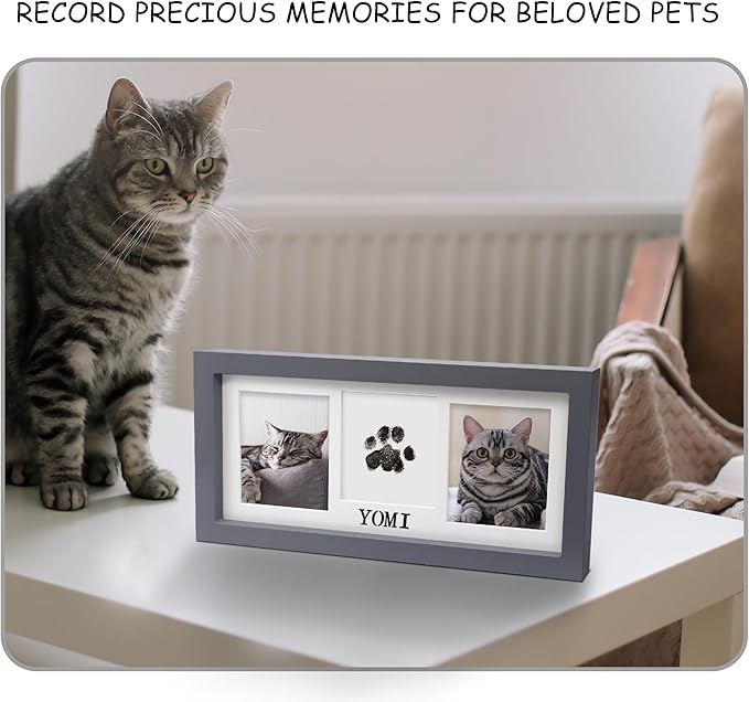 MYPAWLETS Paw Print Frame & Ink Pads Kit,Dog or Cat Paw Print Kit,2 No Mess Ink Pads for Pets,Paw Print Stamp Pad for Dogs,Wooden Pet Memorial Frame,Personalized Pet Paw Print Gifts-Grey