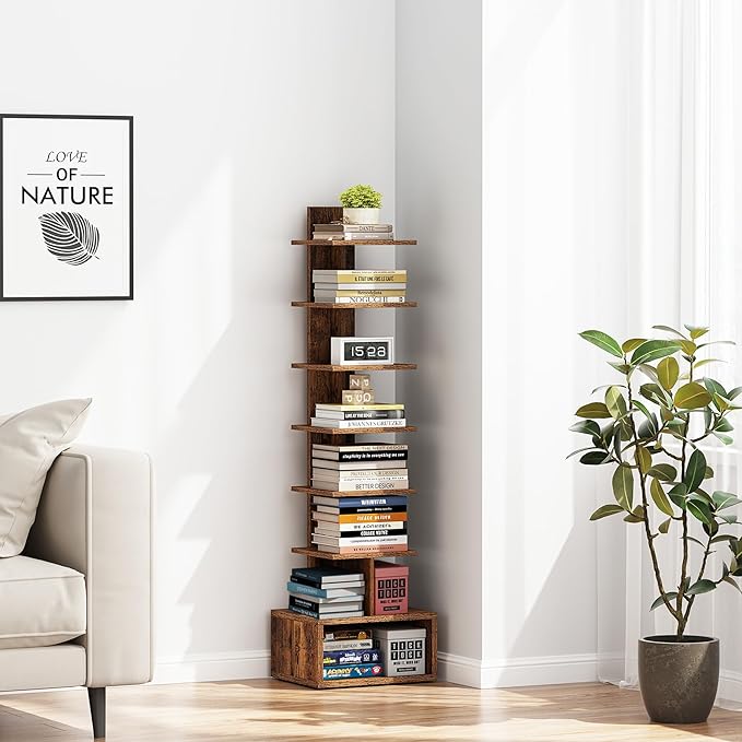 TUTOTAK Narrow Bookshelf, Vertical 8-Tier Bookcase, Spine Book Shelf for Small Space, Small Standing Shelf for Living Room, Office, Study, Entryway, Brown BS07BB008