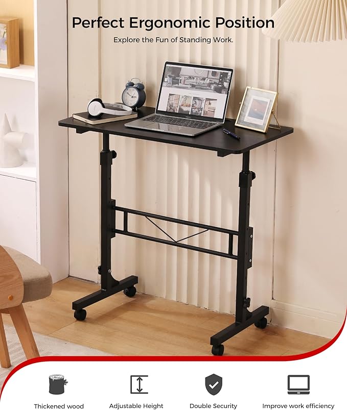 Standing Desk Adjustable Height, Mobile Stand Up Desks with Wheels Small Computer Desk Rolling Desk, Portable Laptop Desk Black Standing Table Sit Stand Home Office Desks 16"x31.5" Height 27"-43.5"