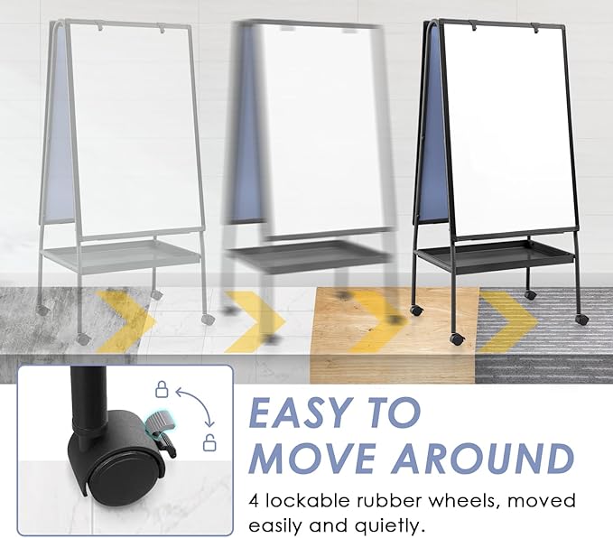 MAKELLO Rolling Whiteboard on Wheels 36x24 in, Double Sided Mobile White Board with Storage Tray for Office School Home, Magnetic Classroom Easel for Teacher, Height Adjustable, Aluminum Frame, 3'x2'