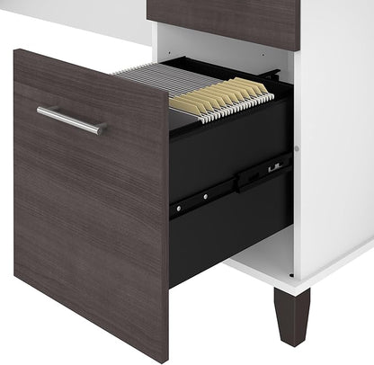 Bush Furniture Somerset 72W 3 Position Sit to Stand L Shaped Desk with Hutch in White and Storm Gray