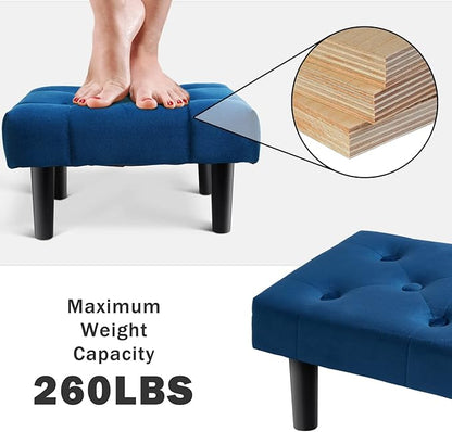 HOUCHICS Small Footstool Ottoman, Velvet Wooden Foot Stool Ottoman with Wood Legs, Sofa Footrest Extra Seating for Living Room Entryway Office(Blue 1PACK)