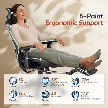 Ergonomic Office Chair, Mesh Desk Chair with Footrest, 3D Armrest - 215° Rotation, Adjustable Lumbar Support & Headrest, 90°-120° Tilt Lock, Big and Tall Computer Gaming Chairs, Black
