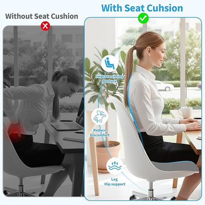 Large Seat Cushion, Memory Foam Cushion for Long Sitting Hours on Office Chair, Home & Car, Non-Slip Chair Pad for Relieving Back & Sciatica & Hip & Coccyx Pain (Light Grey)