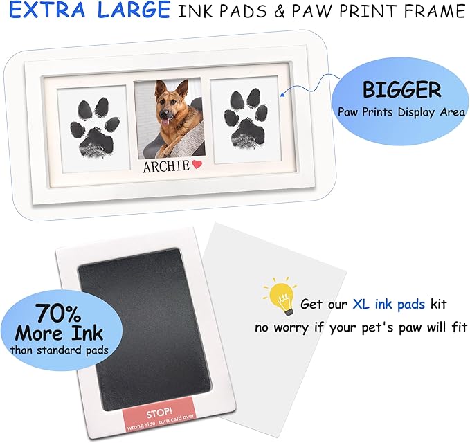 MYPAWLETS Extra Large Inkless Paw Print Stamp Pad for Dog &Paw Print Frame,Cat Dog Paw Print Kit,2 Clean Touch Ink Pads,Pet Paw Print Impression Kit with Wooden Frame,Personalized Paw Print Gift-White