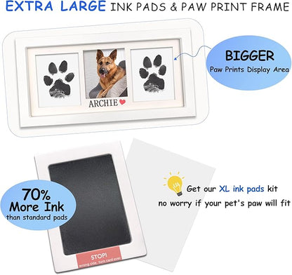 MYPAWLETS Extra Large Inkless Paw Print Stamp Pad for Dog &Paw Print Frame,Cat Dog Paw Print Kit,2 Clean Touch Ink Pads,Pet Paw Print Impression Kit with Wooden Frame,Personalized Paw Print Gift-White