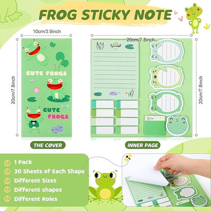Crtin 69 Pcs Cute Sticky Notes Set,Cartoon Pen, Stickers, Paperclip, Sticky Memos Office & Party Favors(Frog)