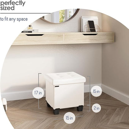 STORAGEBUD Storage Ottoman Cube with Small Bin, 16-in Square Ottoman with Storage for Living Room and Bedroom, Small Ottomans Foot Rest, Faux Leather Foot Stools Ottomans Max 330lbs, Cream