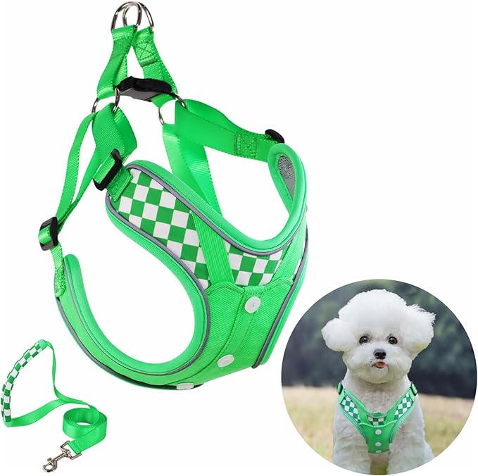 Dog Denim Harness with Leash Set, Adjustable Step in with Breathable Padded Vest Harness for Small Dogs Training and Running (XS Green)