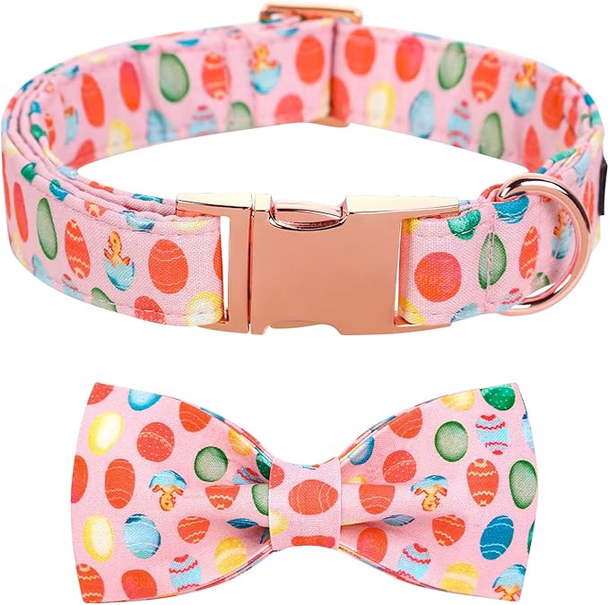 Maca Bates Easter Day Dog Collar with Fancy Bow Tie for Medium Girl Boy Dogs, Pink Easter Egg,Chick Pattern,Adjustable Durable Soft Breakaway Collars for Male Female Puppy