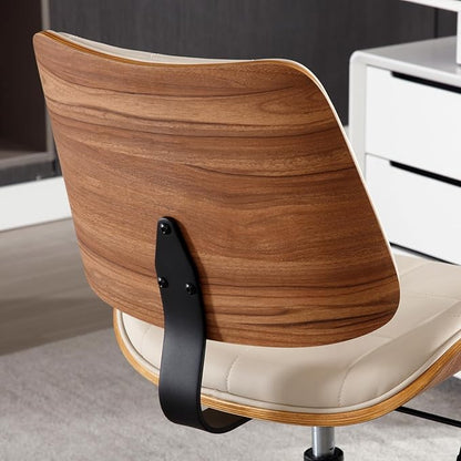 Home Office Desk Chair with Wheels, Adjustable Height Armless Office Chair, PU Leather Mid Back 360° Small Computer Chair, Modern Walnut Chair No Arms for Office, Reading Meeting Room(Beige)