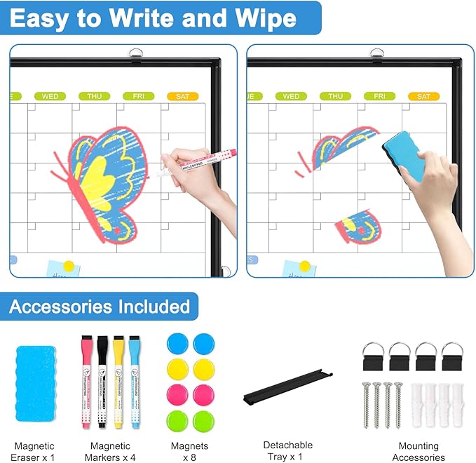 Dry Erase Calendar Whiteboard for Wall, WALGLASS 24" x 18" Magnetic White Board, Monthly Dry Erase Calendar with Black Aluminum Frame, Double-Sided Hanging Portable Board for Office, Home, School