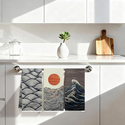Japanese Sun Waves Kitchen Dish Towels, Ocean Lover Gifts, Boho Asian Oriental Coastal Nautical Decorative Hand Tea Towels for Bathroom Kitchen, 16x24 Inches Set of 3