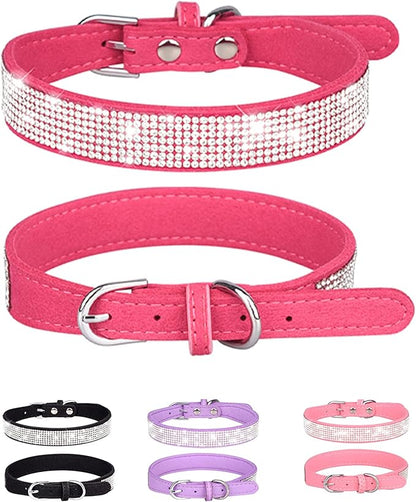 Dog Collar for Small Dogs, Adjustable Leather Suede Bling Dog Collars，Rose Red Dog Collar Cat Collar, Rhinestone Dog Collar (S, Rose red)