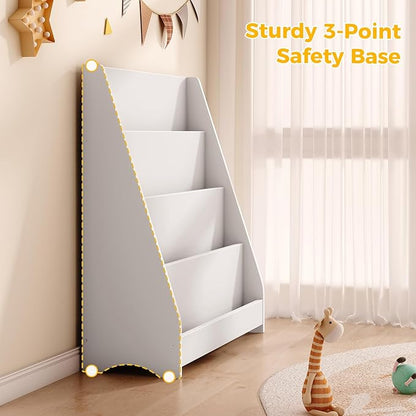 Tatub 4 Tier Kids Wooden Bookshelf, Toddler Sling Bookcase Montessori Bookshelf, Children Front Facing Book Shelf for Nursery, Playroom and Classroom, White