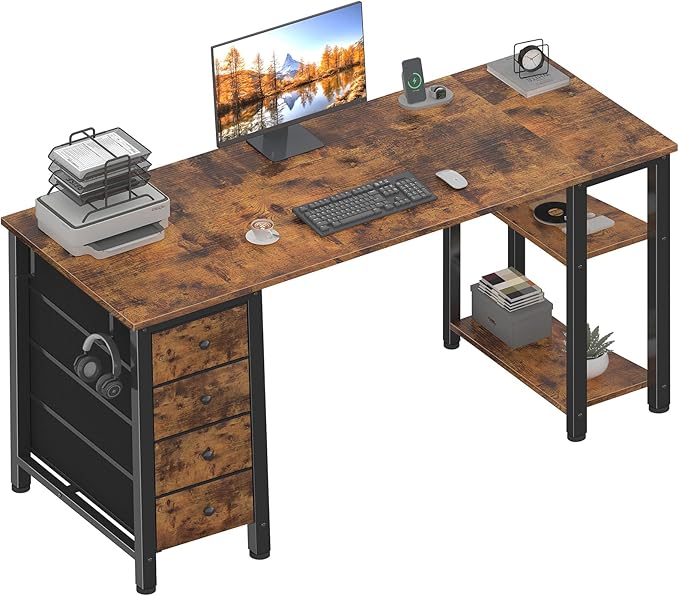 Lufeiya 63 inch Computer Desk with 4 Fabric Drawers & Storage Shelves, Writing Work Study Desk for Home Office Bedroom, Modern Simple Student PC Desks Table, Rustic Brown