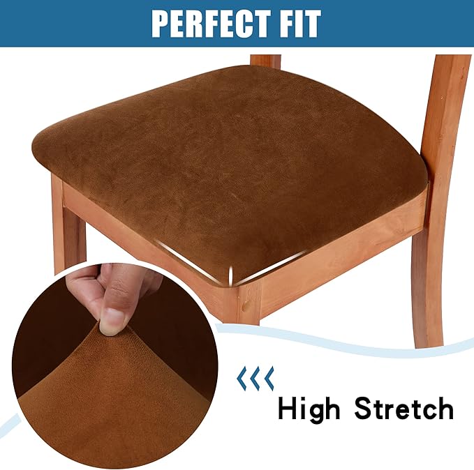Smiry Velvet Seat Covers for Dining Room Chair Set of 4, Stretch Fit Removable Washable Chair Seat Cushion Protector Slipcovers with Ties, Camel
