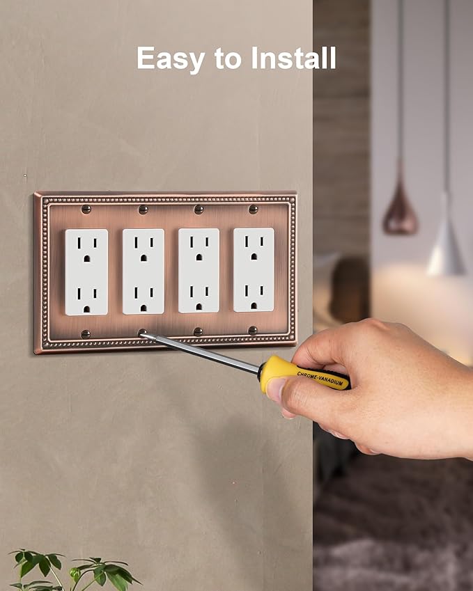 2-Pack Quad Decorator Outlet Cover Plate, Antique Copper Pearls Decorative Switch Plates and Outlet Covers, Metal Wall Plates for Electrical Outlets, Receptacle, GFCI Outlet, Dimmer Switch
