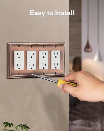 2-Pack Quad Decorator Outlet Cover Plate, Antique Copper Pearls Decorative Switch Plates and Outlet Covers, Metal Wall Plates for Electrical Outlets, Receptacle, GFCI Outlet, Dimmer Switch