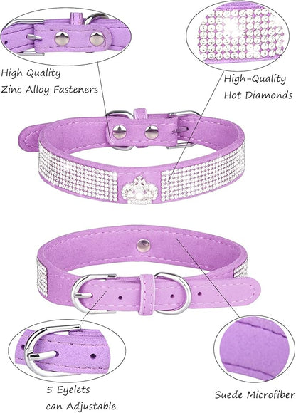 Dog Collar for Small Dogs, Adjustable Leather Suede Bling Dog Collars，Pink Dog Collar Cat Collar, Rhinestone Dog Collar (S, purple3)