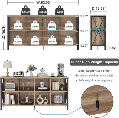 FATORRI 8 Cube Storage Organizer Bookshelf, Rustic Wood Cubby Bookcase, Industrial Horizontal Long Shelf for Living Room (Rustic Oak, 62 Inch)