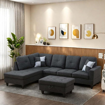 Sectional Couch with Ottoman Storage, L Shaped Sofa Furniture Sets, Modern Modular Couch Comfy Sofa for Living Room Bedroom, Dark Gray
