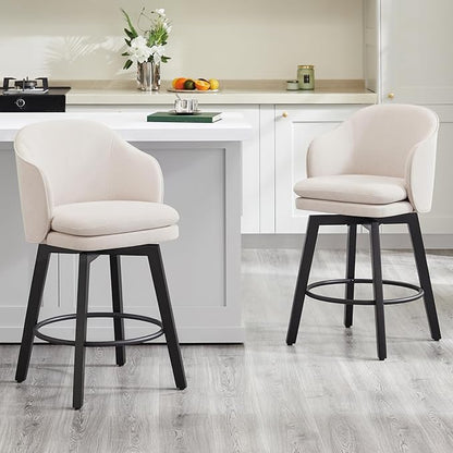Counter Height Barstools 26 inch Upholstered Swivel Bar Stools with Back and Wood Legs for Kitchen Island,Set of 2,Beige Fabric