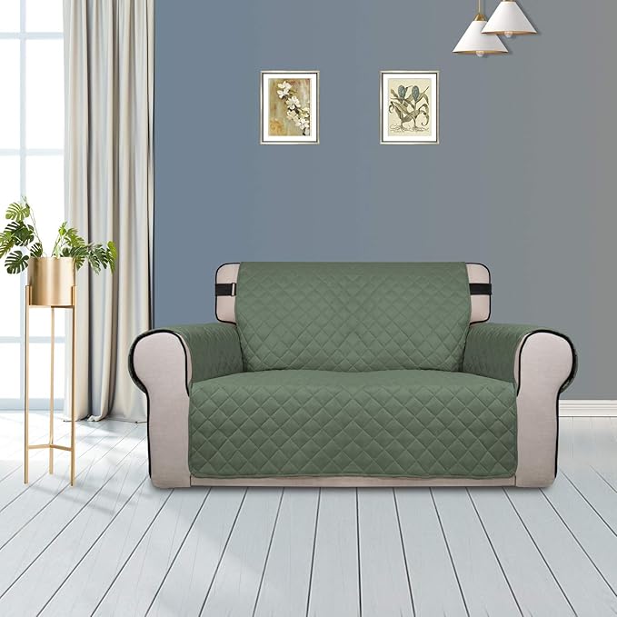 PureFit Reversible Sofa Cover Water Resistant Loveseat Couch Cover, Machine Washable Furniture Cover with Non-Slip Foam and Adjustable Strap for Dogs, Pets (Loveseat, Grayish Green/Ivory)