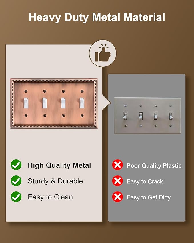 2-Pack Quad Toggle Light Switch Cover Plate, 4 Gang Metal Switch Plate Covers, Antique Copper Pearls Decorative Wall Plate, Corrosion Resistant