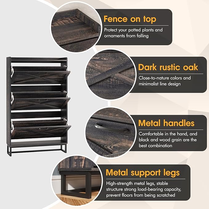 Maupvit Shoe Storage Cabinet with 3 Flip Drawers, Freestanding Organizer with Metal Legs for Entryway, Narrow Shoe Rack Cabinet, Dark Rustic Oak
