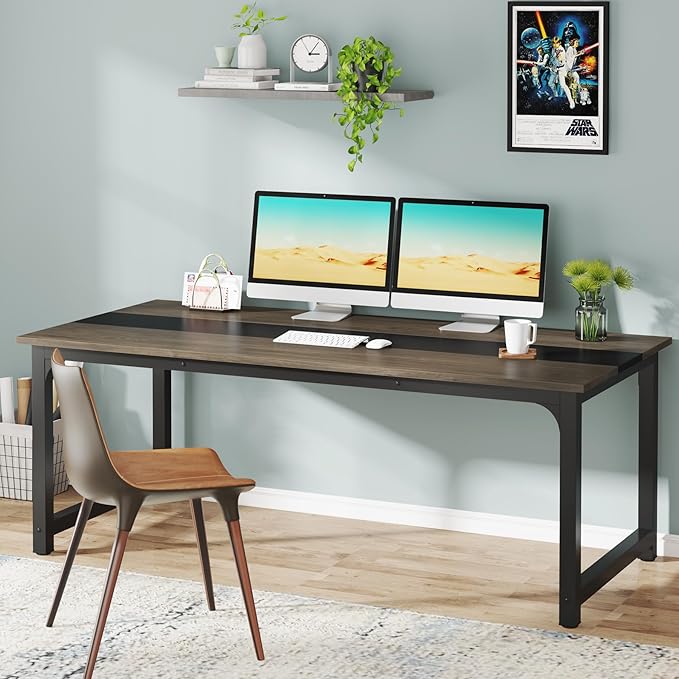 Tribesigns Modern Computer Desk, 70.8 x 31.5 inch Large Office Desk Computer Table Study Writing Desk Workstation for Home Office, Grey/Black