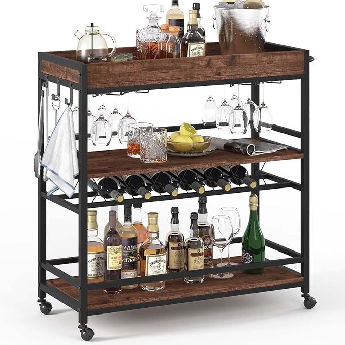 BON AUGURE Bar Cart for The Home, Rolling Home Bar Serving Cart on Wheels, 3 Tier Liquor Beverage Carts with Wine Rack and Glass Holder (Rustic Oak)
