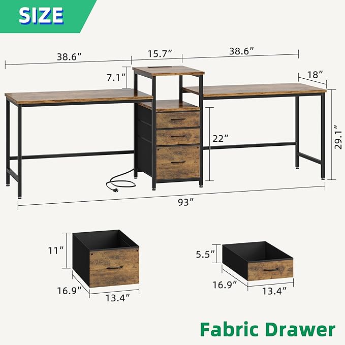 93'' Two Person Desk with Charging Station, Long Desk with 3 Fabric Drawers and Printer Shelf, Double Computer Desk, 2 Person Writing Study Table Workstation for Home Office, Rustic Brown