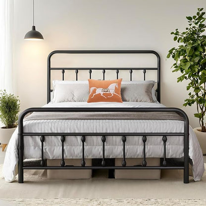 Queen Bed Frame-Classic Metal Platform Bed Frame Mattress Foundation with Victorian Style Iron-Art Headboard/Footboard/Under Bed Storage/No Box Spring Needed/Black