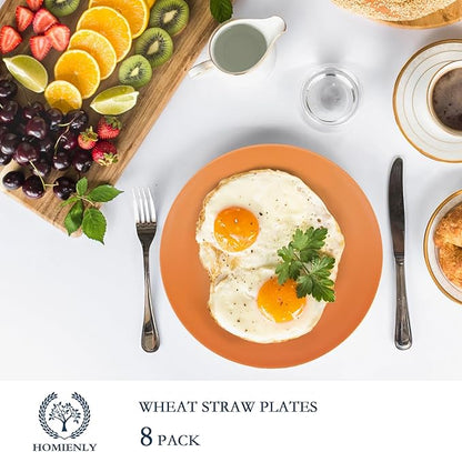 Homienly Flat Dinner Plate Set of 8 - Alternative for Plastic, Microwave and Dishwasher Safe, Wheat Straw Dinnerware for Kitchen, Unbreakable Kids (Orange, 9 Inch), MS 01