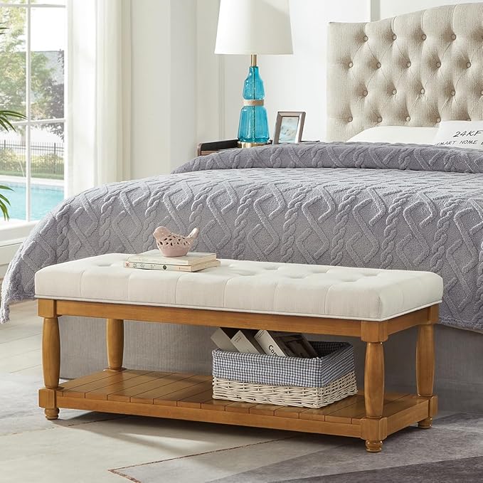 24KF Large Rectangular Upholstered Tufted Bed Bench, Linen Fabric Storage Ottoman Bench for Living Room, Padded Entryway Bench with Solid Wood Shelf,5098-Ivory