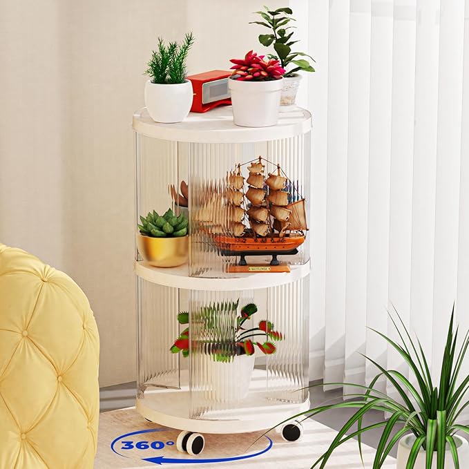 Rotating Bookshelf, 360°Display Spinning Bookshelf, 2 Tiers Moveable White Small Mobile Corner Bookcase Suitable for Bedrooms, Living Looms, Offices, and Study Rooms