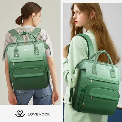 LOVEVOOK Gradient Laptop Backpack for Women,15.6 Inch Work Computer Bakcpack Purse Laptop Bag With Anti-Theft Pocket,Waterproof Carry on Teacher College Backpack for Travel,Green-White