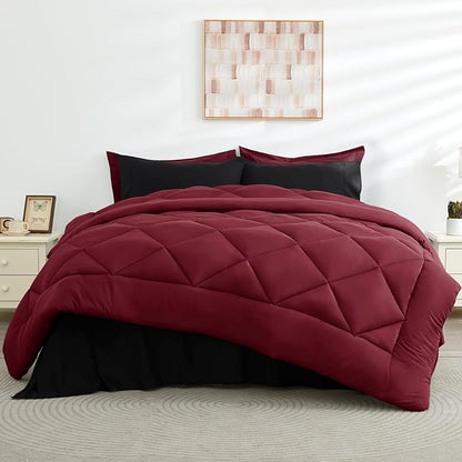 HEVUMYI Red & Black King Comforter Set - 7-Piece All Season Bed in a Bag King, Ultra Soft Burgundy Bedding Set with Comforter, Flat Sheet, Fitted Sheet, Pillowcases, Pillow Shams, Burgundy Red & Black