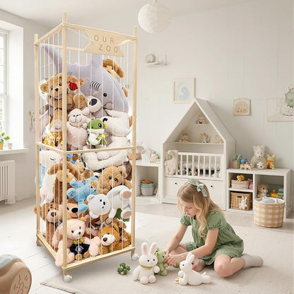 Stuffed Animal Storage Zoo with Wheels, Wooden Large Stuff Animals Plushies Holder Toy Organizer Kids Plush Storage Cage with Elastic Band and Net for Nursery Playroom Corner for Toddler