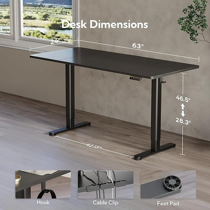 Claiks Electric Standing Desk, Adjustable Height Stand up Desk, 63x24 Inches Sit Stand Home Office Desk with Splice Board, Black Frame/Black Top