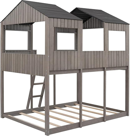Ball & Cast Full Over Full Size Playhouse Bunk Bed with Roof and Window,Wood Bunkbed w/Full-Length Guard Rail & Ladder,Slat Support,Space Saving,Bedroom Furniture for Student Dorms,Antique Gray
