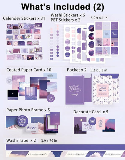 JOYCHOIC 348 Pcs Scrapbook Kit, Moonlight Junk Journal Supplies, Purple Journaling and Scrapbooking Materials, Large Aesthetic Collection for Women, Stationery DIY Arts Craft, Adults Daily